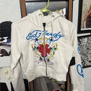 Ed Hardy Cream Hoodie with Heart and Blue Lettering